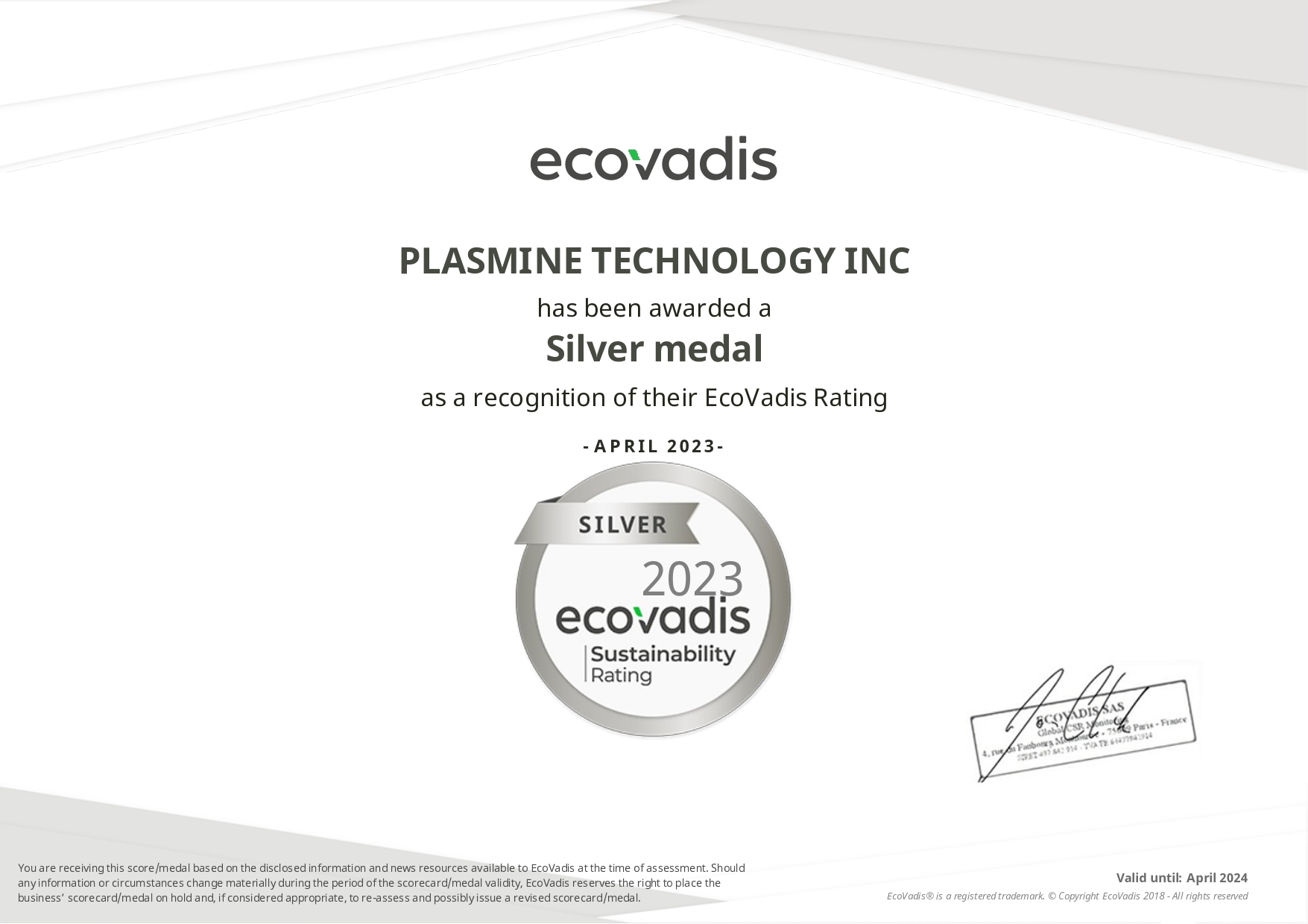Plasmine’s certificate