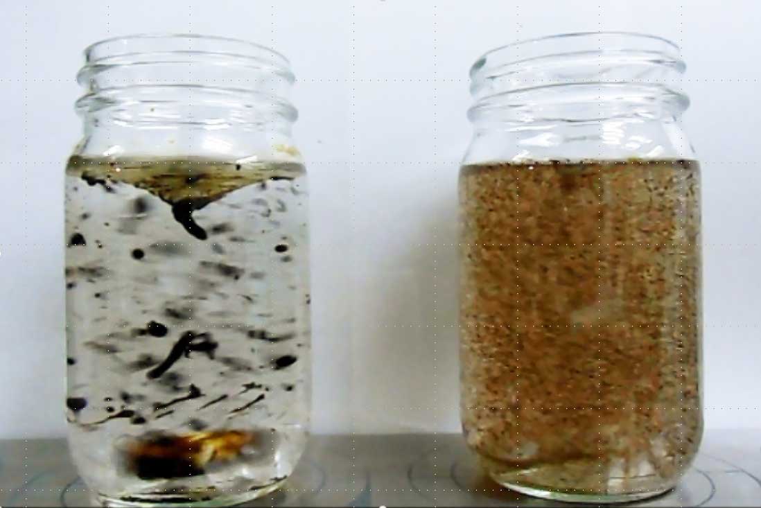 树脂群在水中的分散性(左：自来水、右:AS水溶液)